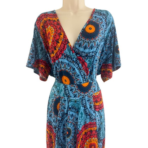 Teal Multi-Color Medallion Print Faux-Wrap Stretch Knit Dress Size 4XL Plus Size - Picture 2 of 7